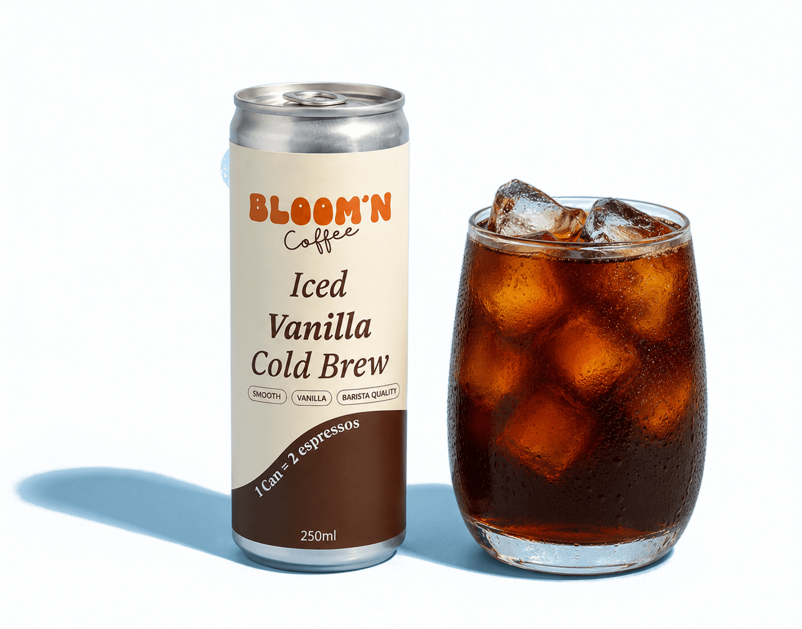 A can of Iced Vanilla Cold Brew beside a glass of cold brew over ice
