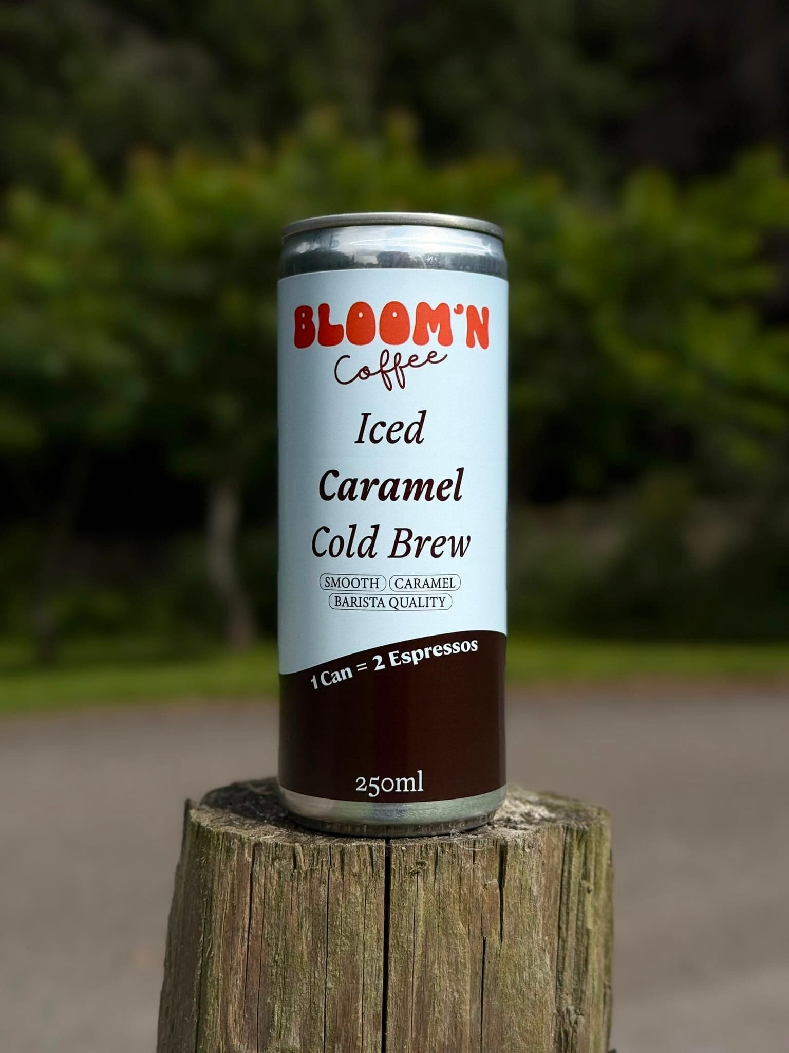 A 250ml can of Iced Caramel Cold Brew standing on a wooden post outdoors
