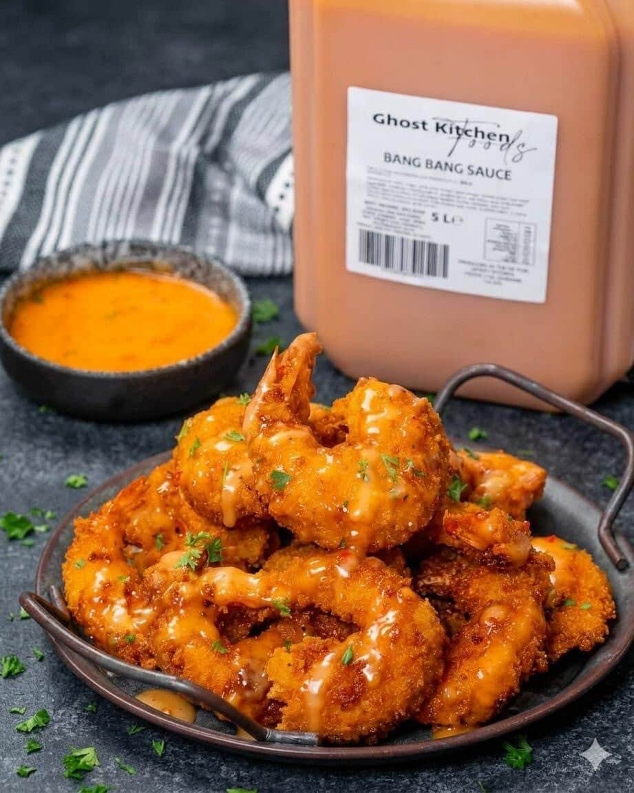 Ghost Kitchen Foods Bang Bang Sauce in a five litre foodservice container beside breaded chicken coated in the sauce