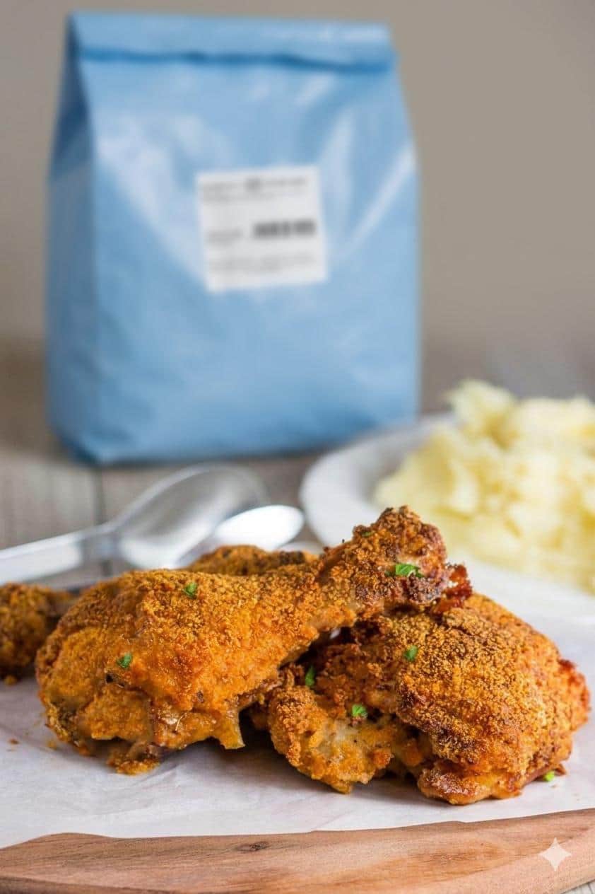 Crispy coated chicken pieces on paper in front of a blue 10kg seasoning bag